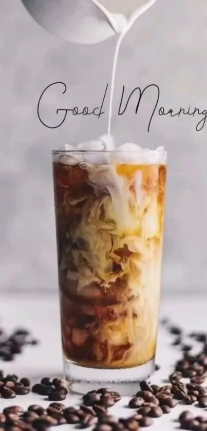 Iced coffee with cream and coffee beans arranged artfully.