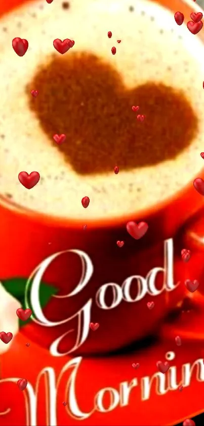 Red coffee cup with heart cocoa topping and 'Good Morning' text.