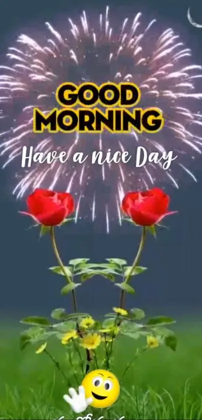 Good Morning wallpaper with fireworks and roses for a vibrant start.