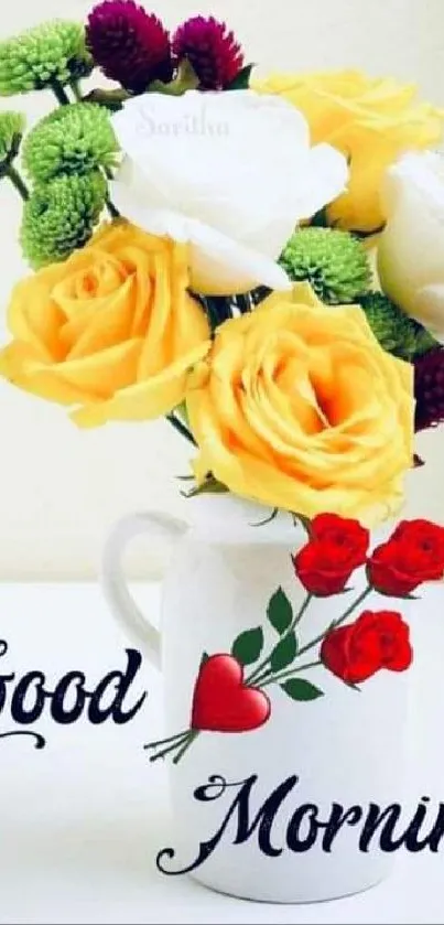 Yellow roses and white flowers in a vase with 'Good Morning' text.