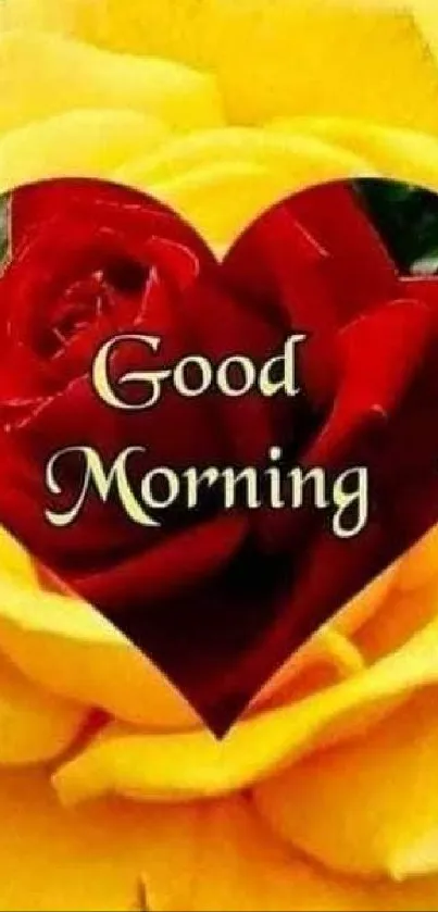 Good Morning message with heart rose and yellow flower.