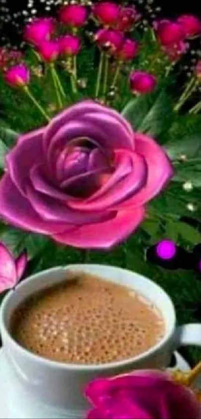 Good Morning wallpaper with pink roses and coffee cup.