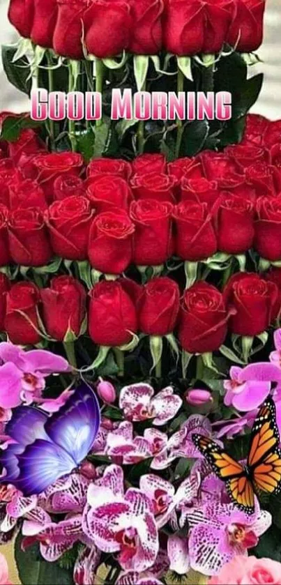 Vibrant red roses and purple orchids with a good morning greeting.