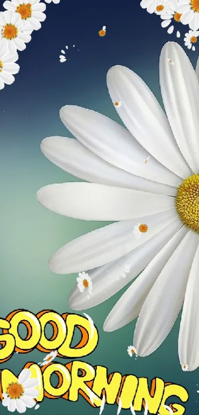 Daisy flowers with 'Good Morning' text on green background.