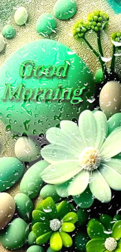 Green morning wallpaper with flowers and 'Good Morning' text.