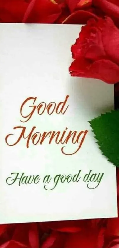 Good morning card with red rose petals background.