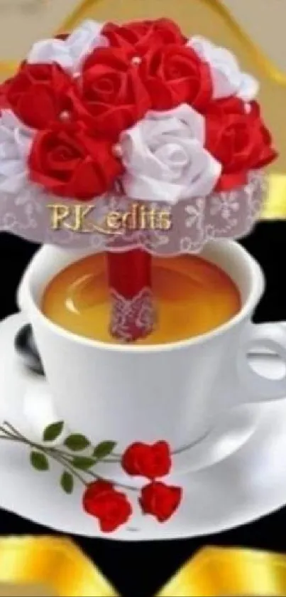 Good morning wallpaper with roses and tea cup.