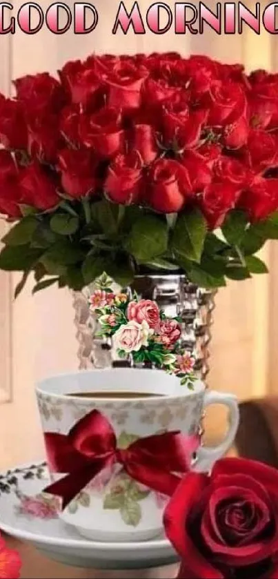 Good morning wallpaper with red roses and tea cup.