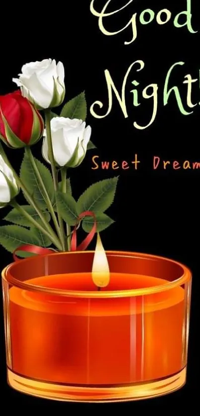 Good night candle and roses wallpaper with sweet dreams message.