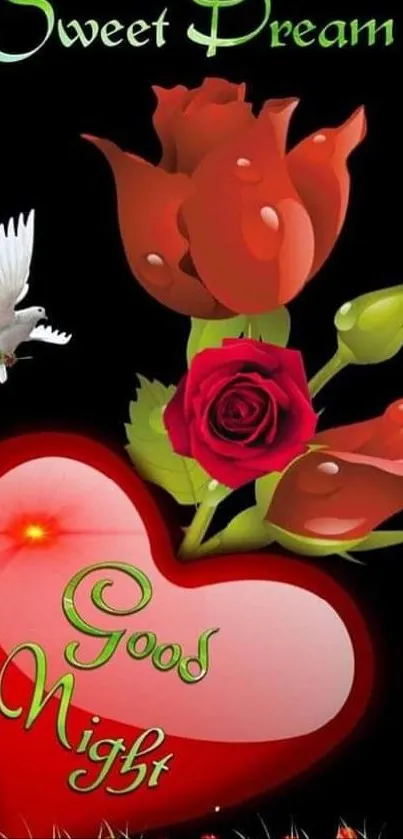 Good Night floral wallpaper with red roses and heart design.