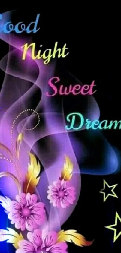 Vibrant floral 'Good Night Sweet Dreams' wallpaper with dark background.