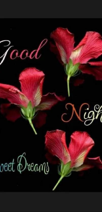 Good Night floral wallpaper with red flowers on a black background.