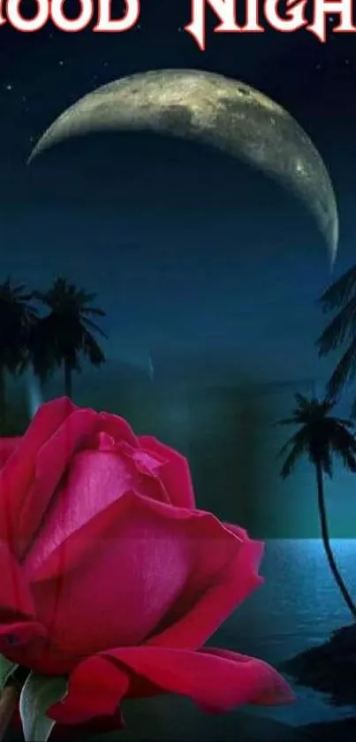 Good Night wallpaper with moon and red rose under a night sky.