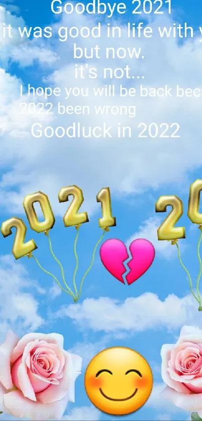 Goodbye 2021 mobile wallpaper with sky, clouds, roses, and emoticons.