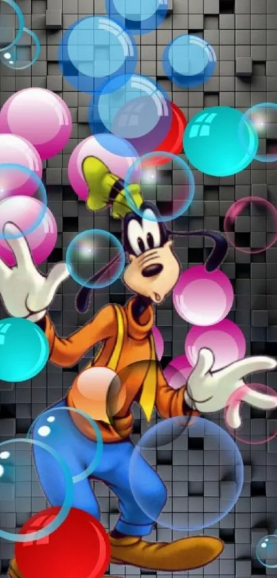 Goofy with colorful bubbles on a black textured background.