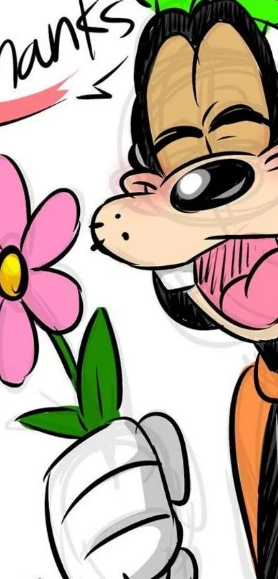 Cartoon Goofy holding a pink flower saying thanks.