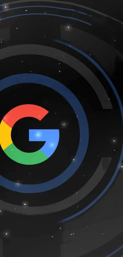 Futuristic Google logo on a dark background with starry elements.