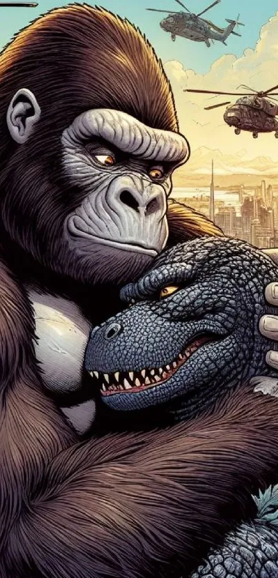 Gorilla and dinosaur hug in city with helicopters.