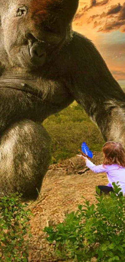 Child and gorilla in vivid sunset scenery.