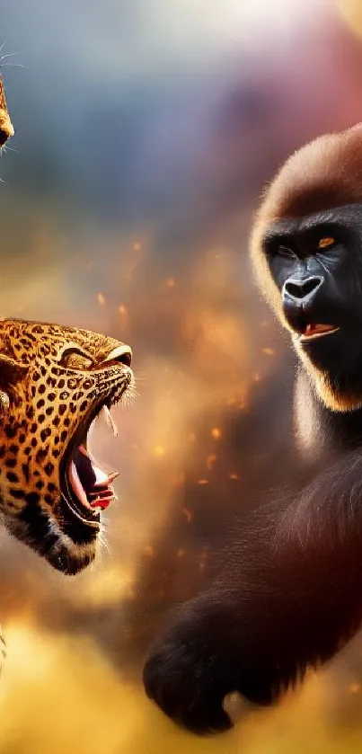 Leopards confronting a gorilla in vibrant wildlife scenery.