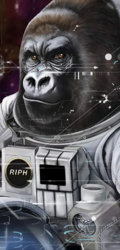 Gorilla dressed as astronaut in space artwork.