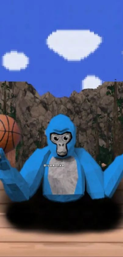 Blue gorilla playing basketball in a scenic mountain setting with a clear blue sky.