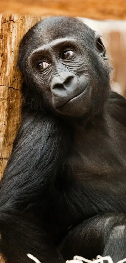 Gorilla calf resting against a tree.