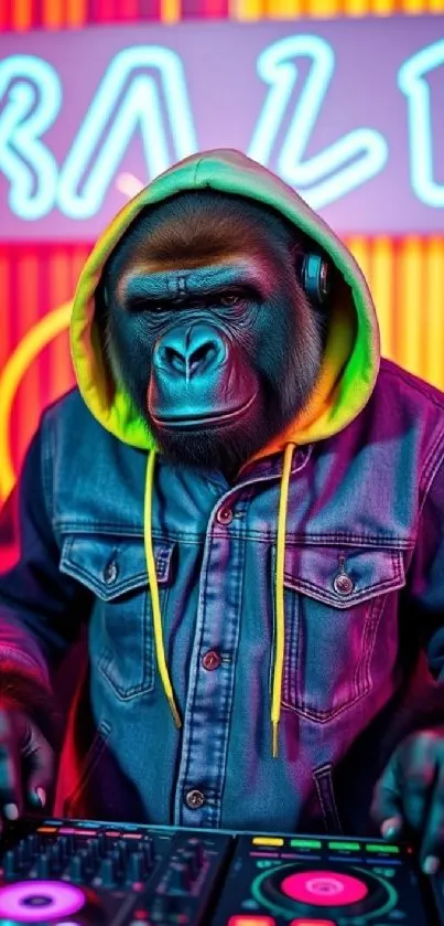 Gorilla DJ in neon lights with vibrant colors.