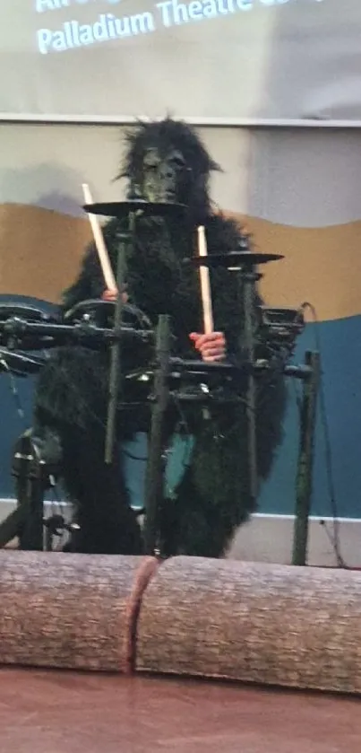 Gorilla in costume playing drums on stage, creating a whimsical scene.