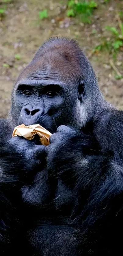 Gorilla eating among lush nature in a peaceful wallpaper scene.