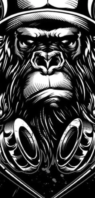 Artistic black and white gorilla with headphones, bold phone wallpaper design.