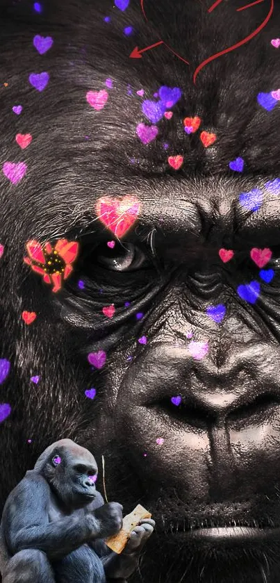 Wallpaper featuring a gorilla with vibrant heart designs, blending art and nature.