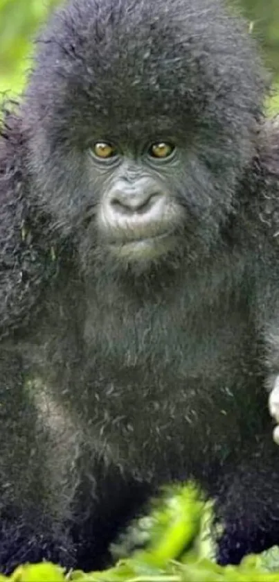 Young gorilla amidst vibrant green foliage.