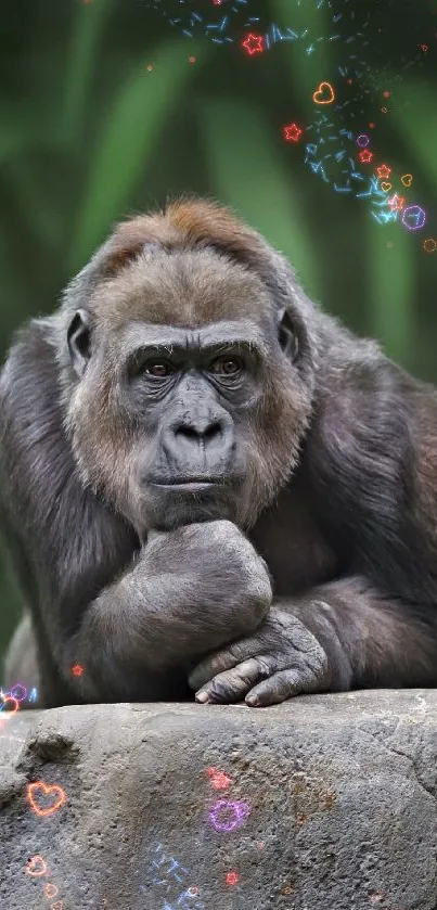 Majestic gorilla resting in green foliage background.