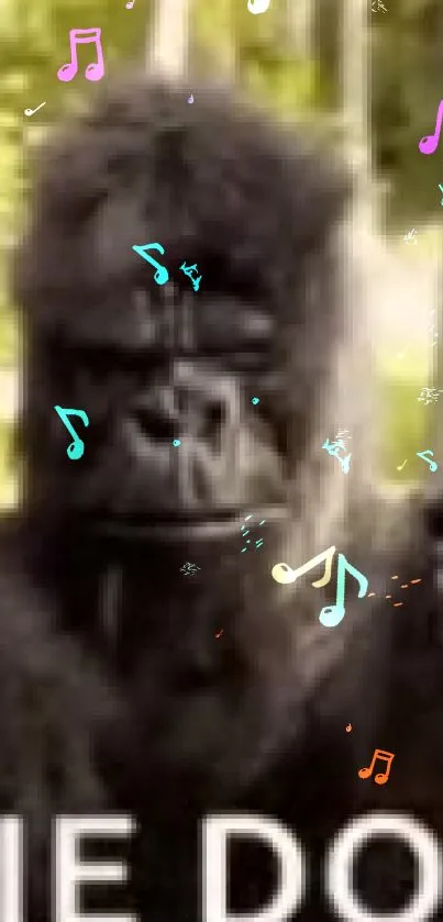 Gorilla wallpaper with colorful musical notes on a black background.