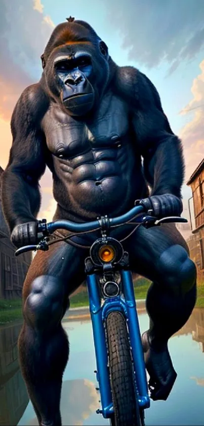 Gorilla riding bike in rustic setting, vibrant sky.