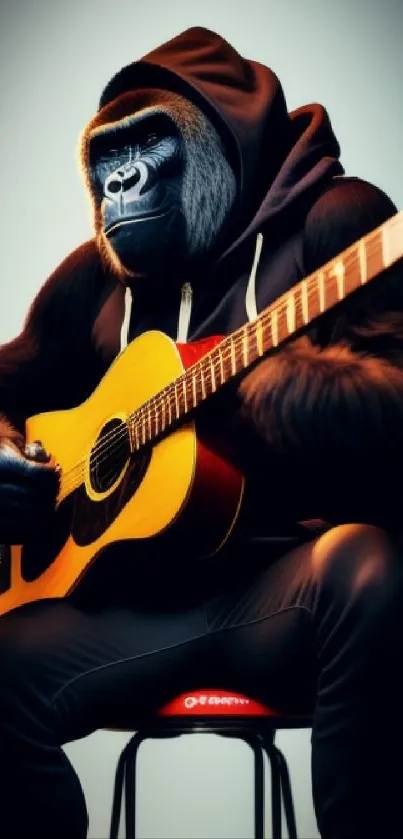 Gorilla in hoodie playing a guitar in artistic style.