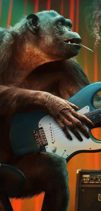 Gorilla playing electric guitar in colorful scene.