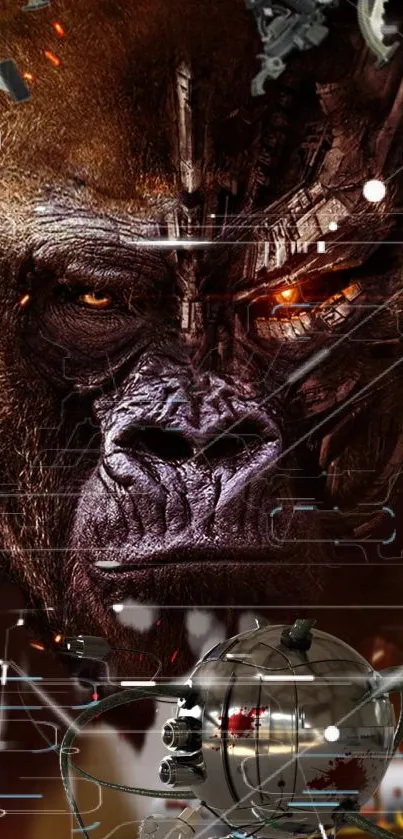 Gorilla face merged with futuristic technology design.