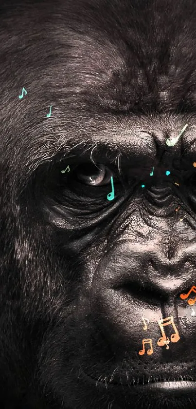 Gorilla face with colorful musical notes overlay