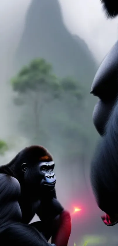 Two gorillas in a misty forest with a serene, artistic feel.