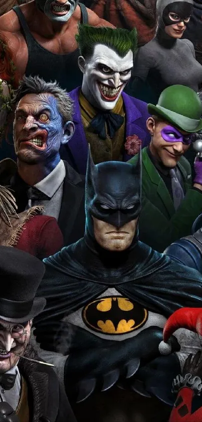 Gotham characters wallpaper with heroes and villains in vibrant colors.