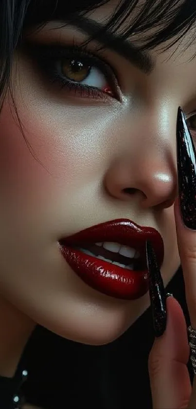 Woman with gothic makeup and long nails, wearing dark attire, striking a stylish pose.