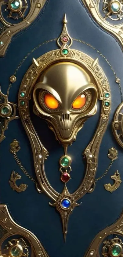 Golden alien design on ornate wallpaper.