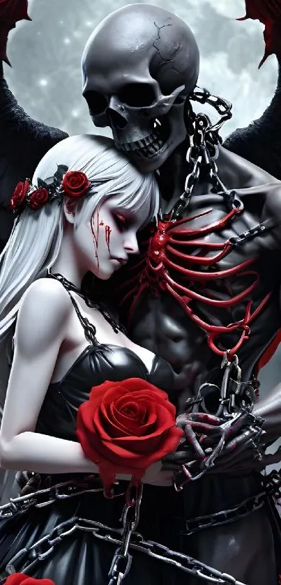 Gothic angel embracing demon with red roses.