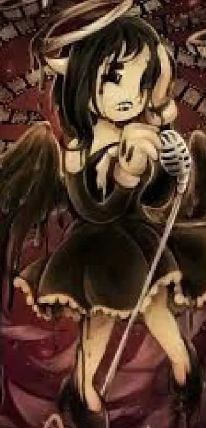 Gothic anime angel with microphone wallpaper.