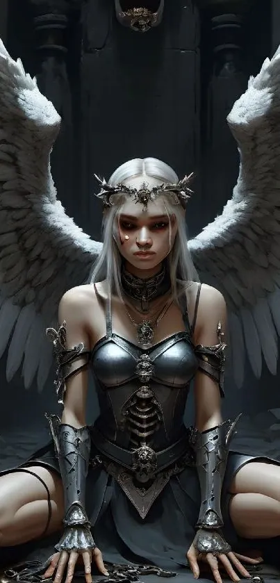 Gothic angel with wings in dark fantasy setting.