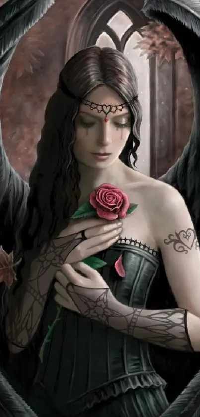 Gothic angel holding a rose with dark wings and intricate tattoos.