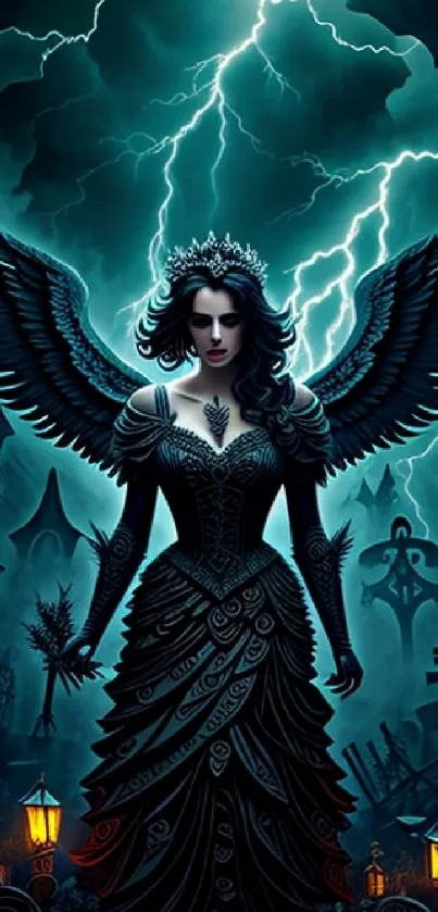 Gothic angel with wings under a stormy sky, surrounded by intricate gothic elements.