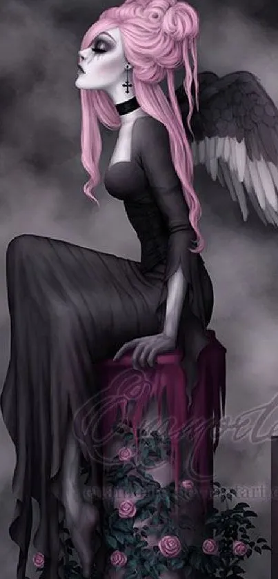 Gothic angel with pink hair and wings on a dark backdrop mobile wallpaper.